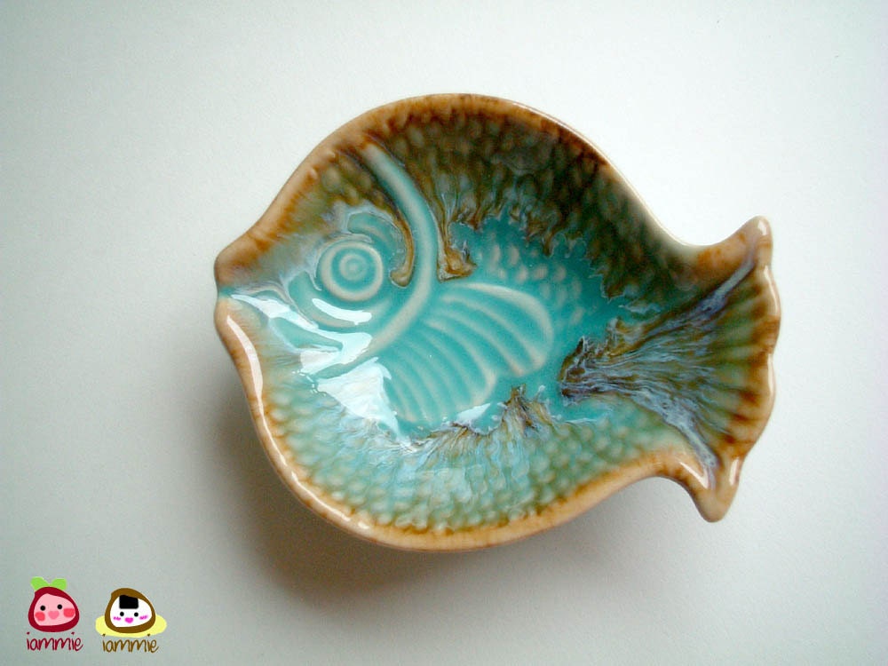 Light Blue Fish Ceramic Plate, ceramic bowl, ceramic dish, sauce, small, ceramic fish, decoration, decor, decorative, brown, water, iammie