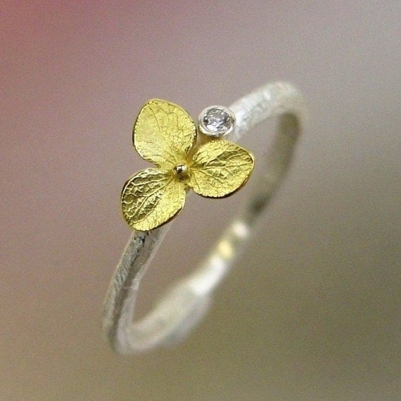 Hydrangea Blossom Diamond Engagement Ring, Stacking Ring, Sterling Silver, 18k Gold Flower, Made to order