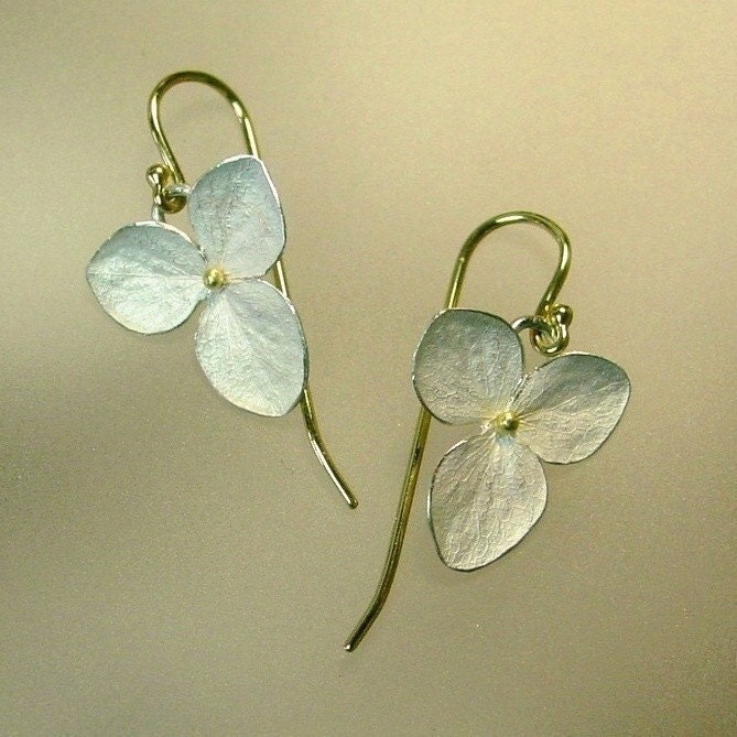 Hydrangea Drop Earrings, Sterling Silver Flowers, 18k Gold Earwires, Made to order