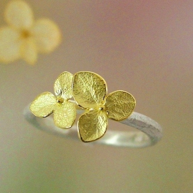 Hydrangea Blossom Ring, Stacking Ring, Sterling Silver, 18k gold Flowers, Botanical, Made to order