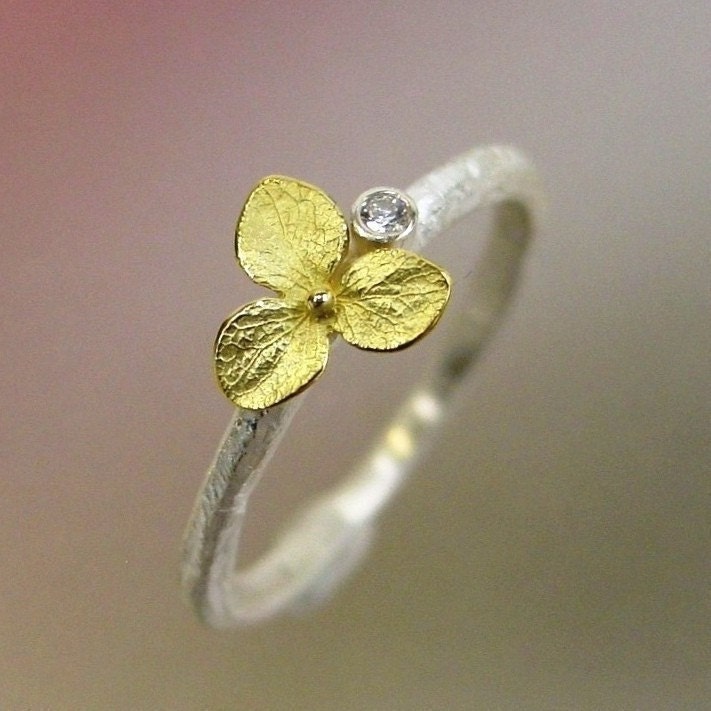 Hydrangea Blossom Diamond Engagement Ring, Stacking Ring, Sterling Silver, 18k Gold Flower, Made to order