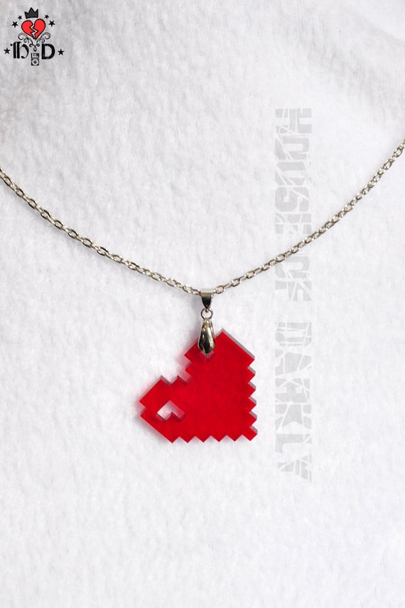 8bit LOVE laser-cut acrylic pixel heart necklace - translucent red