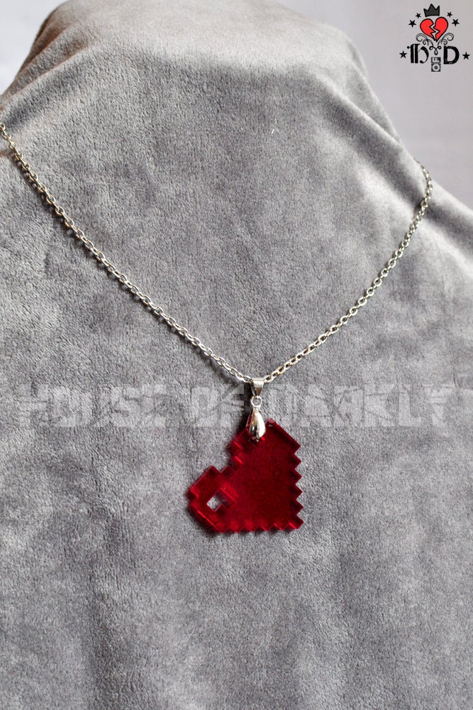 8bit LOVE laser-cut acrylic pixel heart necklace - translucent red