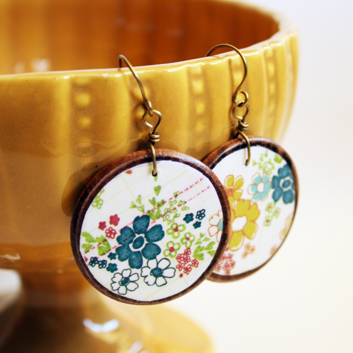 Hippie chic jewelry Lightweight wooden earrings Wood and paper decoupage jewelry Handmade by The Paisley Mill . PeNeLoPe