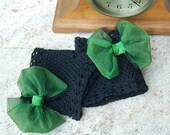 Black fingerless crochet lace gloves with green bow
