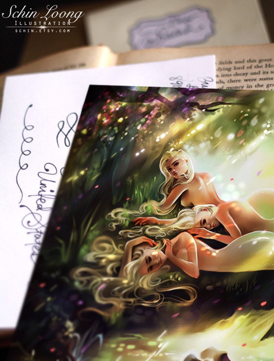 Fireflies. mermaid ariel lake swim water fantasy art print