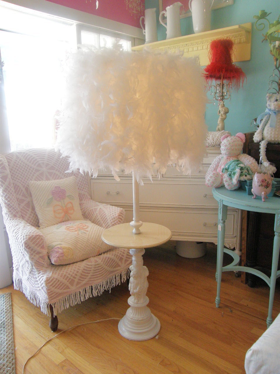 FAB vintage lamp table feather shade white cherub angel shabby chic  table cottage prairie modern