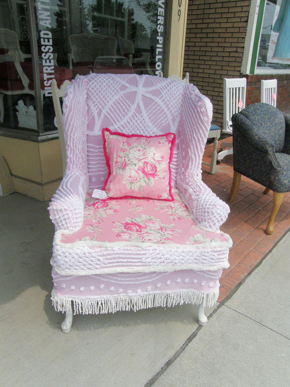 wingback chair  shabby chic pink vintage chenille bedspread slipcover rose fabric  prairie cottage