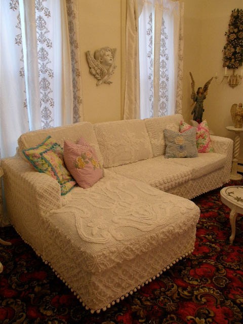shabby chic sofa couch vintage chenille bedspread slipcover custom made to order cottage prairie