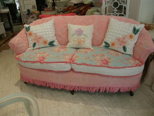 shabby chic sofa couch vintage chenille bedspread slipcover custom made to order cottage prairie