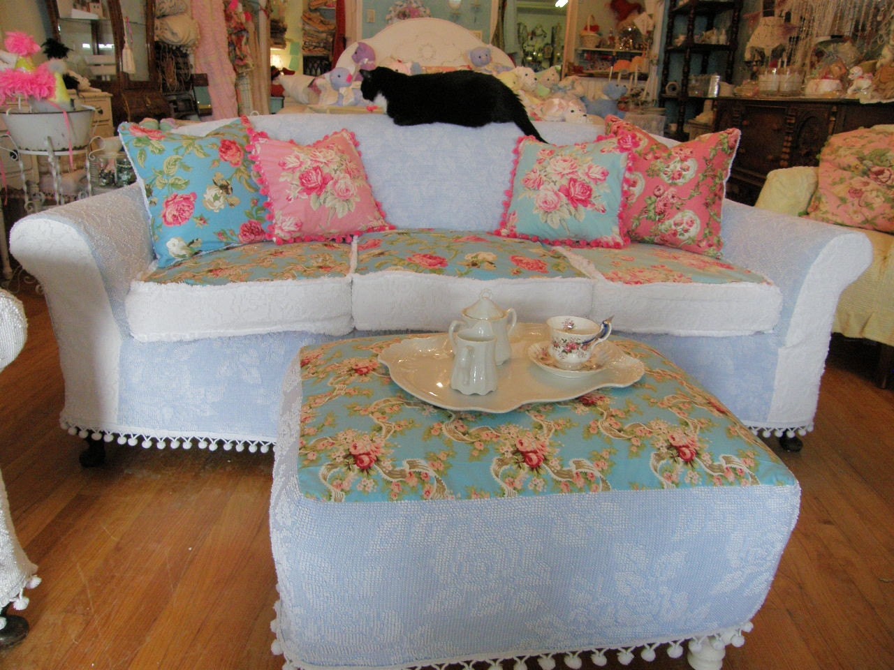 SALE shabby chic antique sofa couch chenille bedspread slipcover vintage roses white blue pink