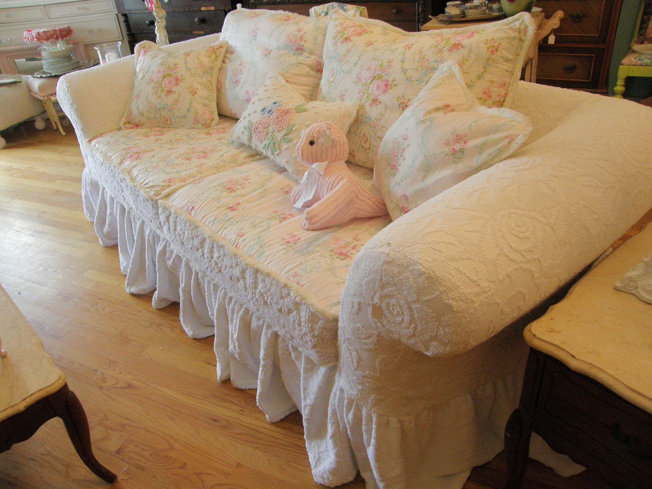 custom shabby sofa chic chenille bedspread slipcover white pink roses couch cottage prairie