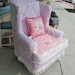wingback chair  shabby chic pink vintage chenille bedspread slipcover rose fabric  prairie cottage