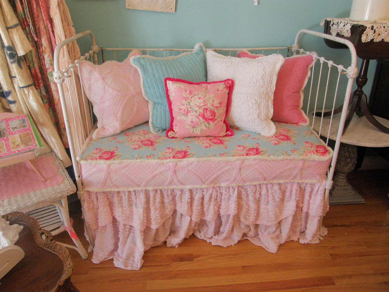 antique chic shabby daybed loveseat  vintage chenille bedspread and  roses prairie cottage