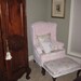 wingback chair  shabby chic pink vintage chenille bedspread slipcover rose fabric  prairie cottage