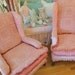 custom made pair wingback chairs vintage chenille bedspread slipcovers shabby chic prairie cottage pink white
