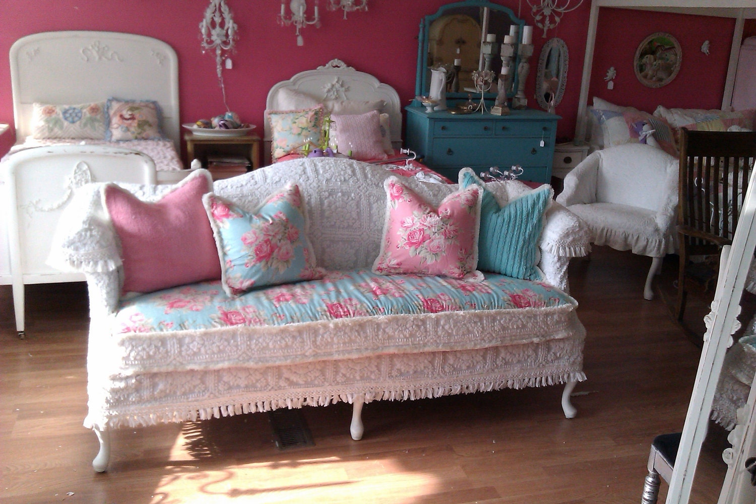 shabby chic sofa couch chenille bedspread slipcover white pink aqua roses cottage prairie vintage