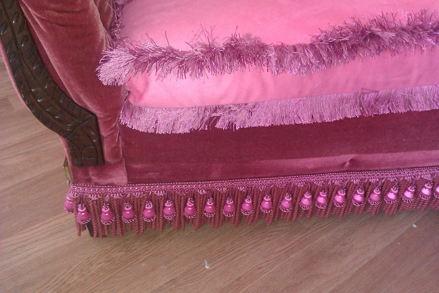 antique sofa couch shabby victorian chic red velvet vintage cottage hot pink tufted fringe