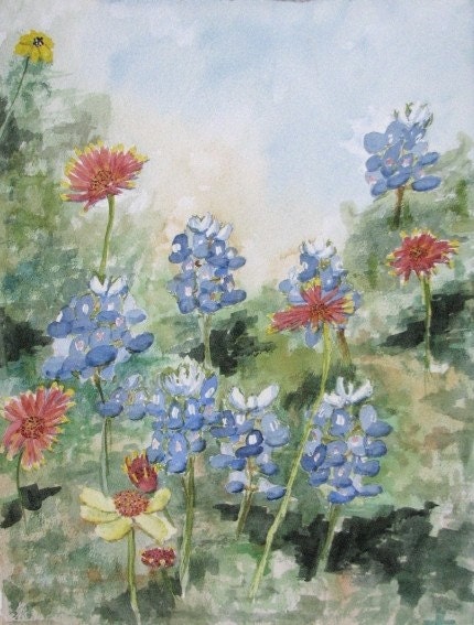 Bluebonnets and Mexican Blankets - Texas Wildflowers Greeting Cards by Nan Henke 4 1/4 x 5 1/2 inch (a set of 4) Blank