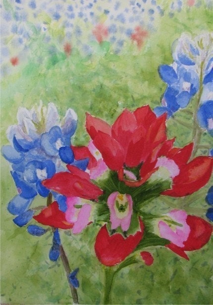 Bluebonnet and Indian Paintbrush no. 3  Wildflower greeting cards by Nan Henke 4 1/4 x5 1/2 inch (a set of 4) Blank