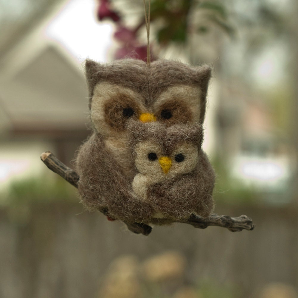 Needle Felted Owl Ornament - Family of Two