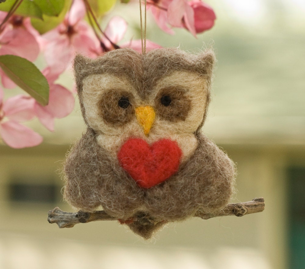 Needle Felted Owl Ornament - Valentine Heart