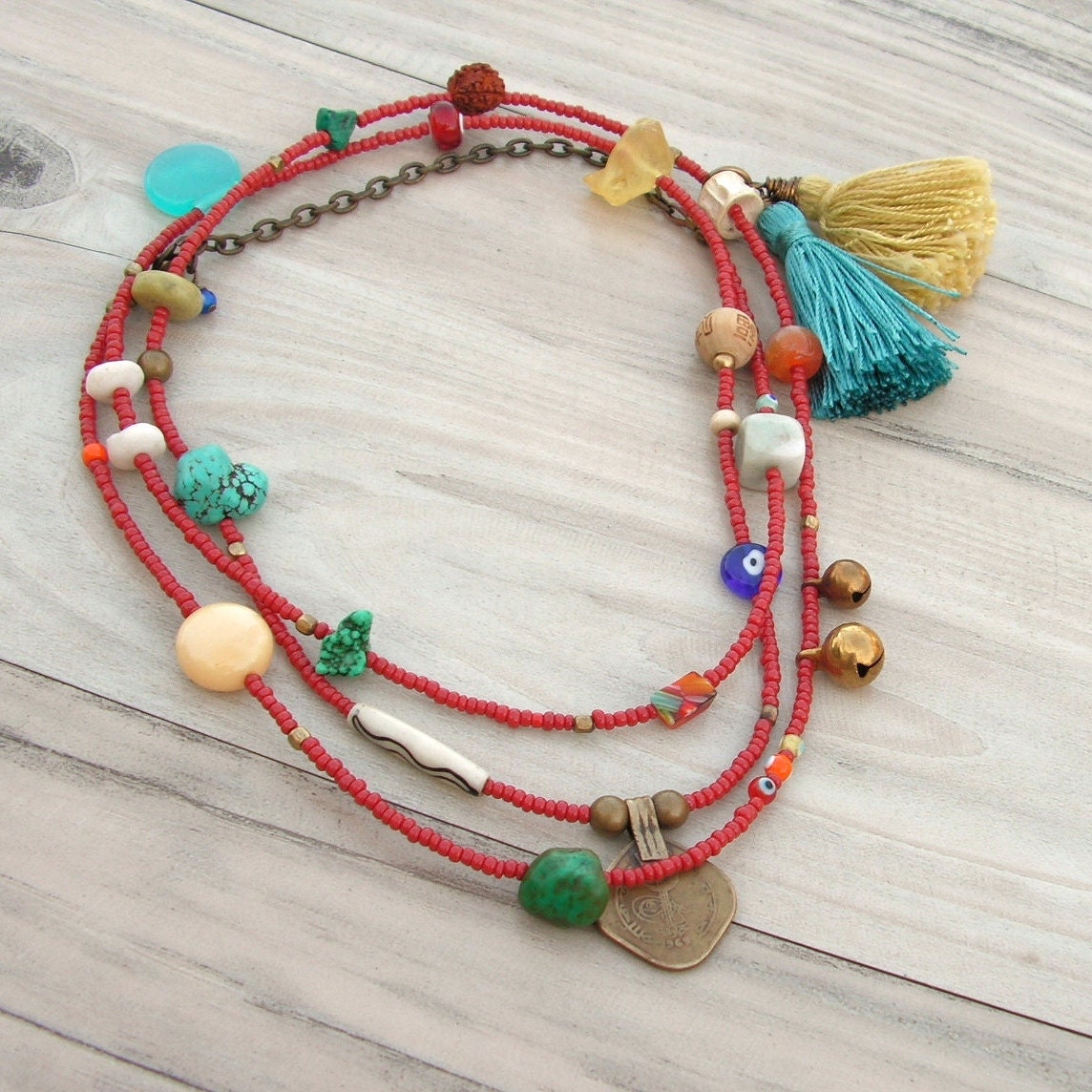 Gypsy Summer in Red - Long Beaded Necklace with Tassel and Various Gemstones