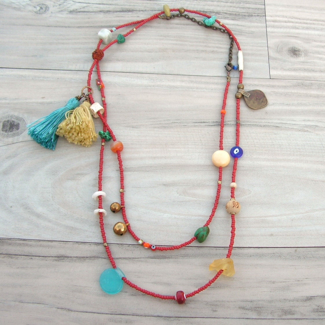 Gypsy Summer in Red - Long Beaded Necklace with Tassel and Various Gemstones