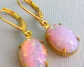 Opal Earrings, Pink Oval Glass Opal Gold Earrings