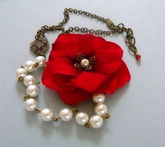 Vintage Style Red Velvet  Floral Necklace With Swarovski White Pearls and Vintaj Brass