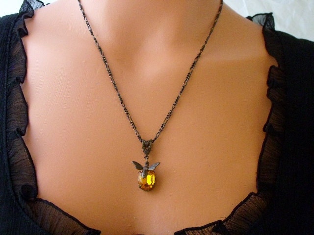 Bumblebee Charm Necklace With Amber Jewel In Antique Brass Setting