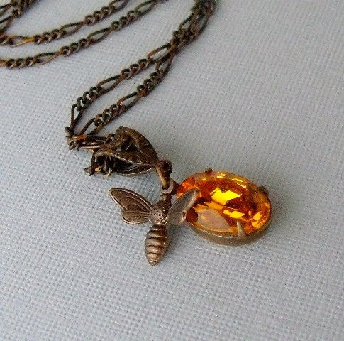 Bumblebee Charm Necklace With Amber Jewel In Antique Brass Setting