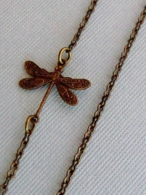 Antique Brass Sideways Dragonfly Necklace