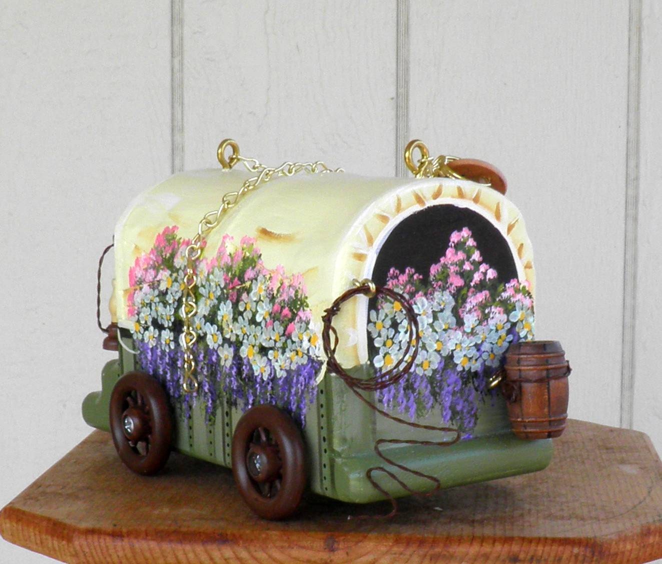 Bird House, Covered Wagon, Handcrafted, Hand Carved, Hand Painted with lots of Flowers, Made in Oregon, USA