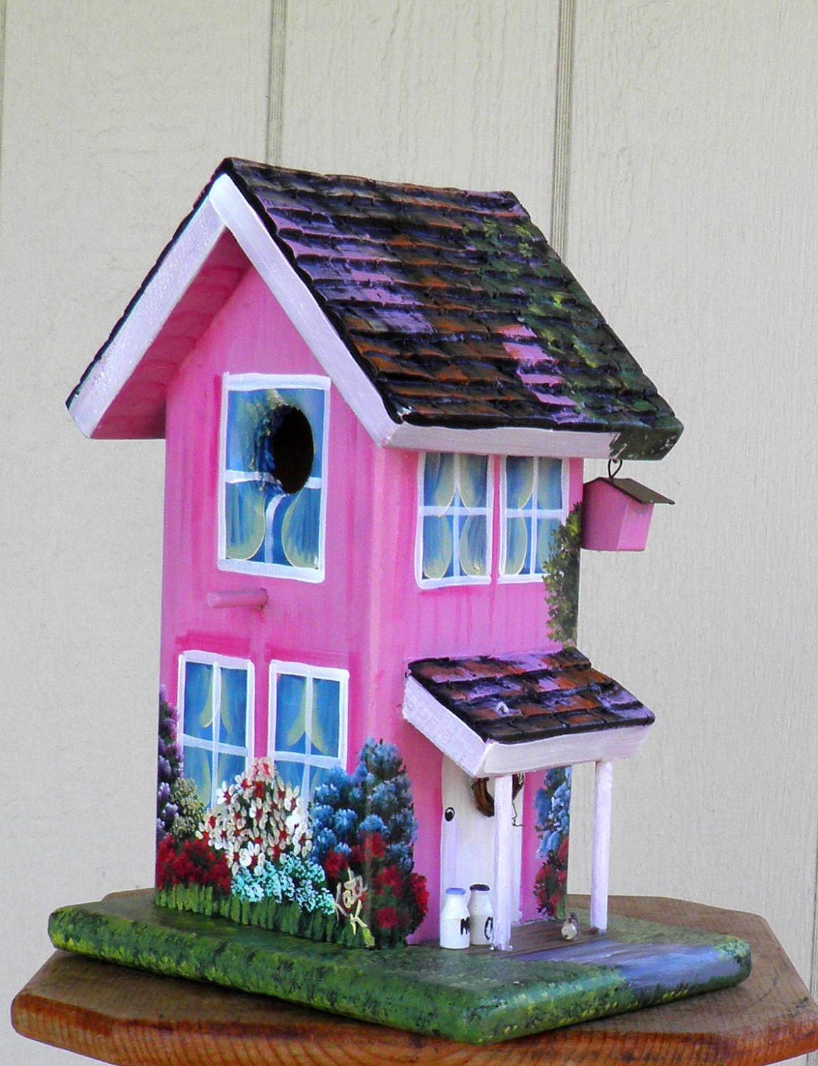 Outdoor Bird House, Handcrafted and Hand Painted, Yard or Home Decoration, Painted Pink with It's own Birdhouse, Newspaper, Milk and Creamer