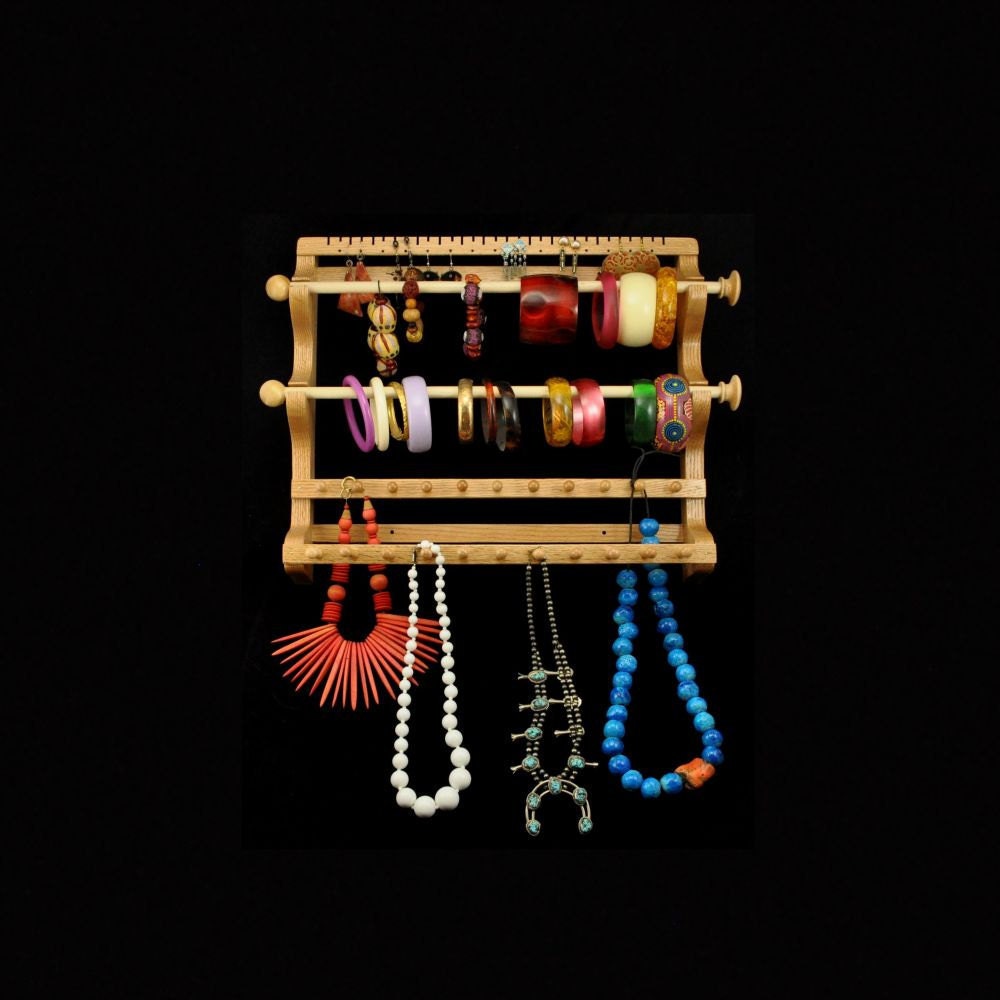 Hanging Earring, 2 Bracelet Wands, and Necklace Holder Storage Organizer Display Oak