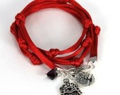 Satin Cord Wrap Bracelet - Carmine Red with Pewter Hamsa, Tree of Life, and Siam Swarovski Crystals