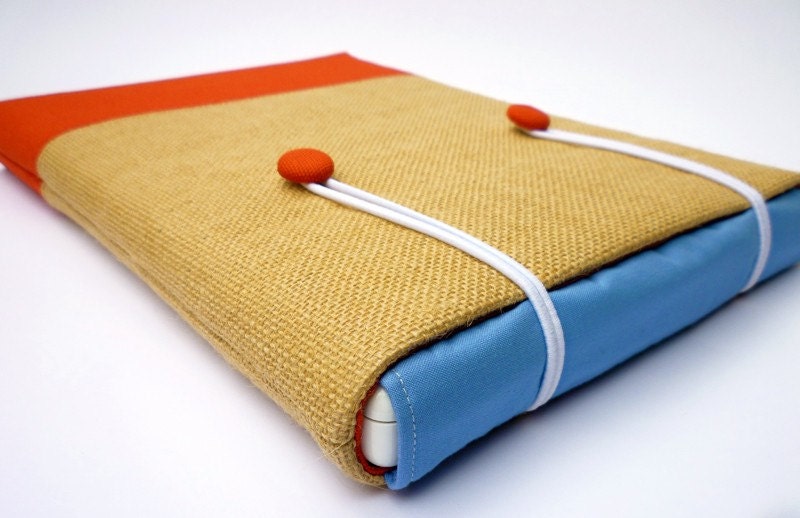 13" MacBook/MacBook Pro sleeve - SPECIAL RELEASE - Hessian, pale blue and red canvas