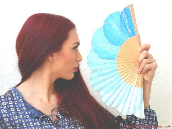 Turquoise bublles. Hand-painted fan. A