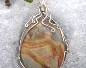 Crazy lace agate pendant, sterling silver, natural stone wire wrapping, brown and red, 40x30mm