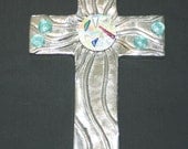 Dichroic Glass Pewter Cross - Turquoise - White - Pink - Silver - Housewares Wall Decor - Home and Living