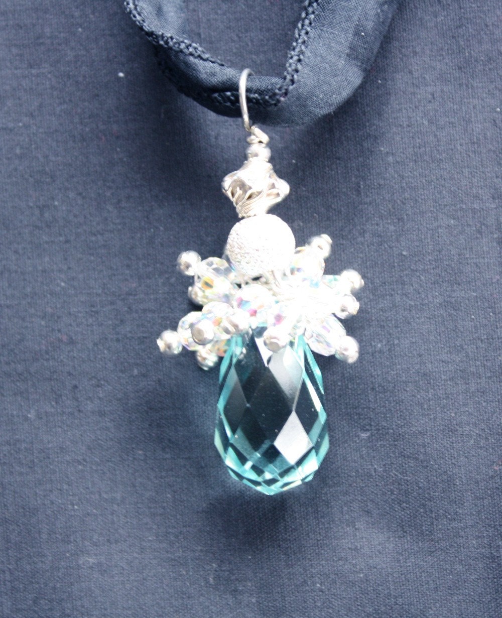 Sterling Silver Faceted Glass Pendant - Aqua -  Jewelry Pendant