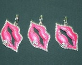 Rhinestone Enameled Hot Pink Lip Pendant - Supplies Bead - Jewelry Pendant - 1 Pendant