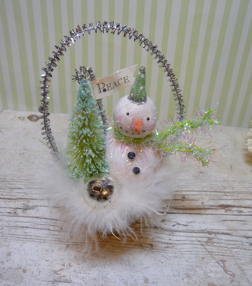 Winter Mint - Cottage Style Glittery Snowman Cup with Bottle Brush Tree Christmas Folk Art Ornament