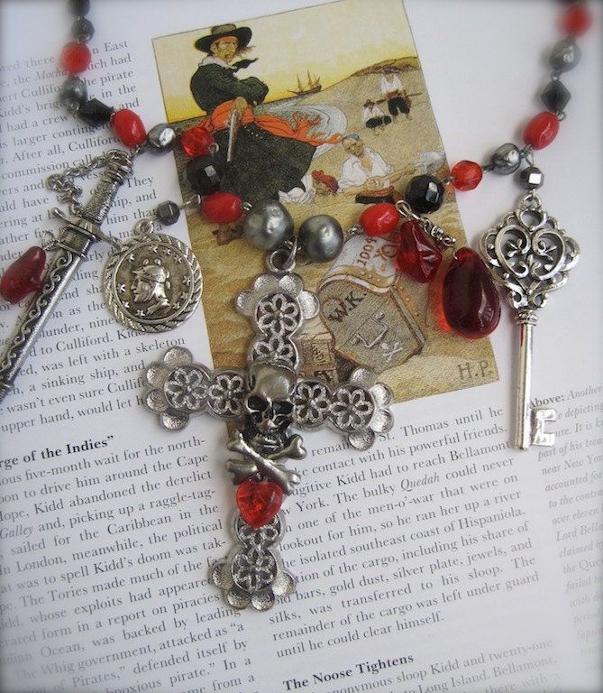 Captain Kidd's Transgressions: PIRATE Statement  Vintage Assemblage Necklace CROSS and SKULL One of a Kind 00ak