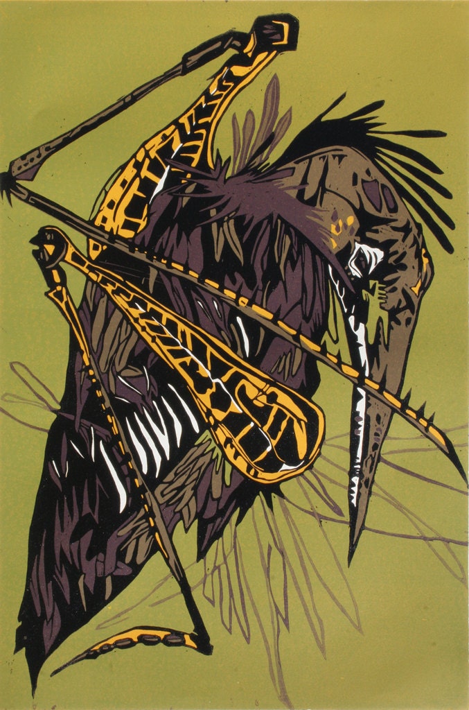 Stork Grasshopper woodcut