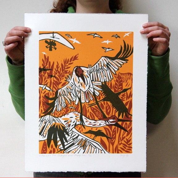 Whooping Crane and Ultralight Woodcut