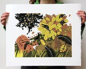 Original Woodcut about Starlings, Trees and foxes