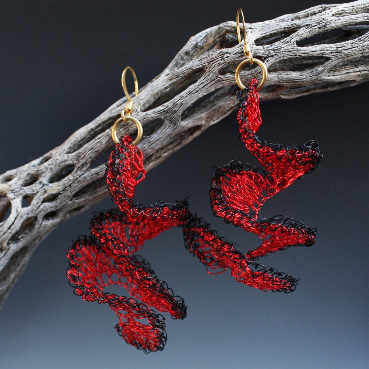 Crocheted Wire Spiral Earrings In Red And Black Dangle Earrings Crocheted Wire Jewelry Unique Gift