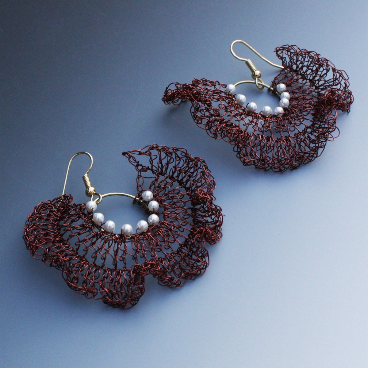 Crocheted Wire Earrings Lace Bolero Earrings In Brown and Pearl Statement Earrings Black Friday Etsy 20% OFF Sale